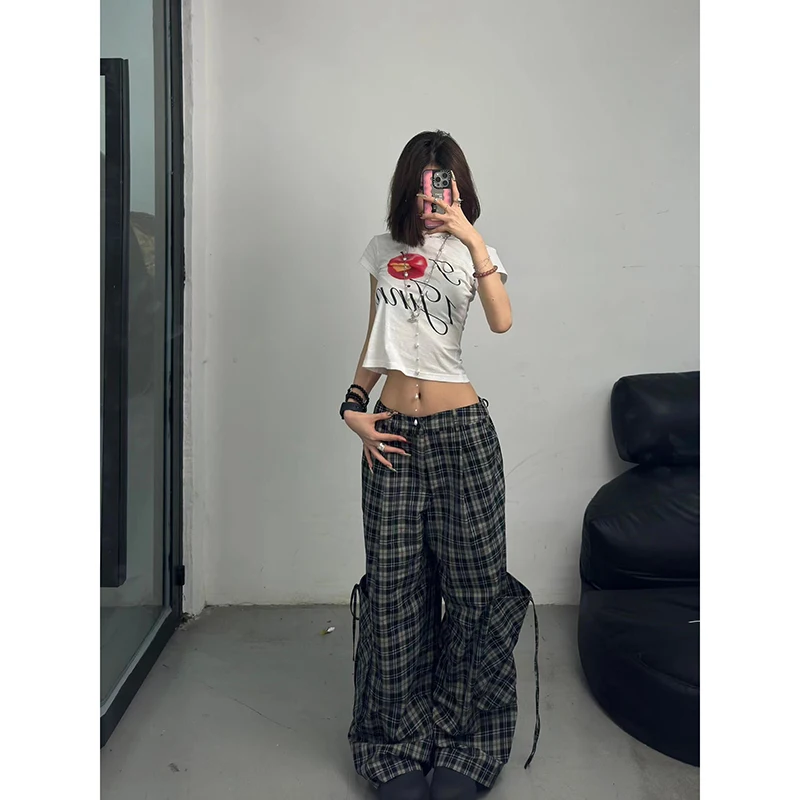 Women Dark Academia Harajuku Fashion Gothic 2000s Aesthetic Plaid Pants Elastic Waist Pantalones Long Trousers Trashy Y2k Baggy