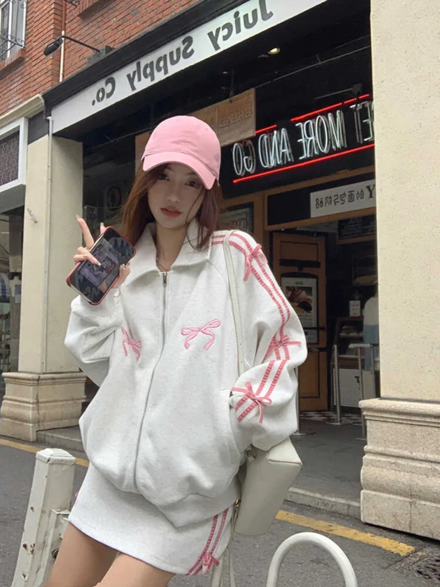 High Quality Sweet Women Cute Bow Striped Sweatshirt Zipper Turndown Collar Jacket Pink Embroidery Sports Hoodie Coat Streetwear