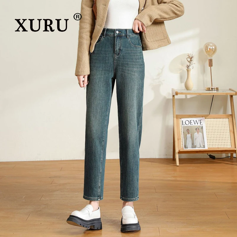 XURU-Four Sided Elastic Jeans for Women, Thin Velvet, Slim Fit, Harlan Plush, Nine Point Straight Leg, N11-3073