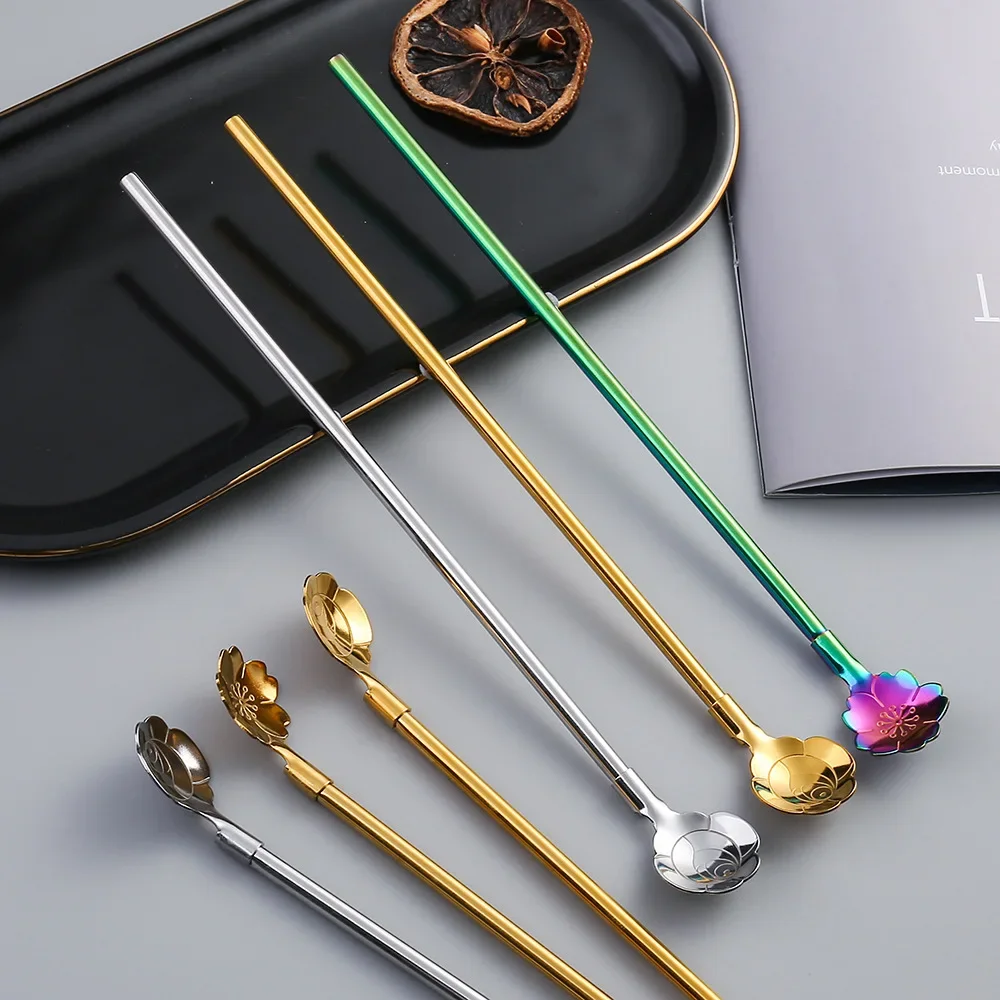 1pcs Mixing Spoon Reusable Straw Spoon SUS304 Stainless Steel Cocktail Stirring Spoon Milk Coffee Bar Accessories