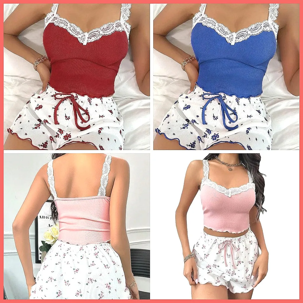

Sexy Lace Sleepwear Set for Women, Sleeveless Cami Top & Shorts Pajamas Loungewear