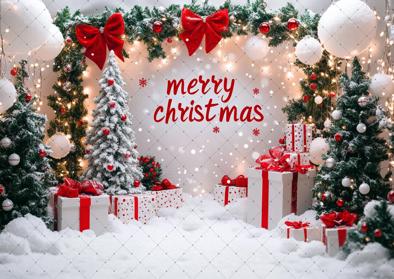 Merry Christmas Arch Backdrop Frosted Pine Garland Red Bow Flocked Xmas Tree Snowflake Gift Box Snow Ground Shoot Background