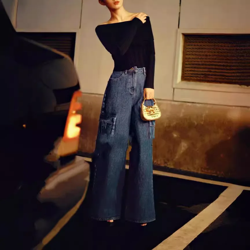 7360 Jesień Zima Liying Styl Celebrytki Odkryte Ramiona Prążkowany Dopasowany Elastyczny Krótki Top z Dzianiny