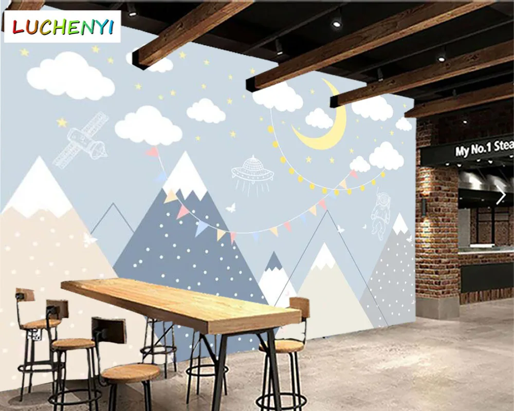 

Papel de parede custom mountain peak geometric moon cloud cartoon wallpaper mural,living room childern's bedroom home decor