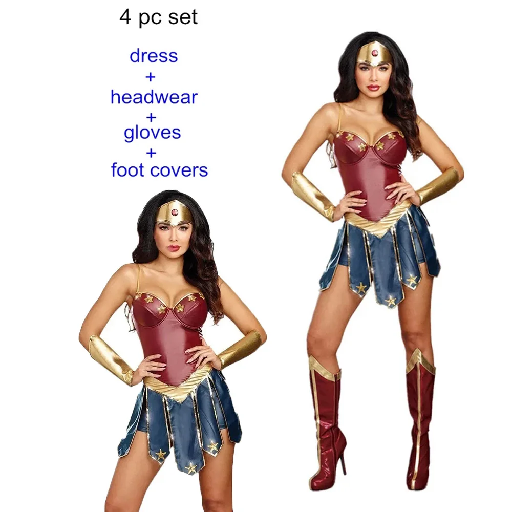 

4PCS Halloween Costumes Adult COS Wonder Woman Stage Costumes Leather Clothes My Hero Academia dress+Sleeves+headwear+shoe cover