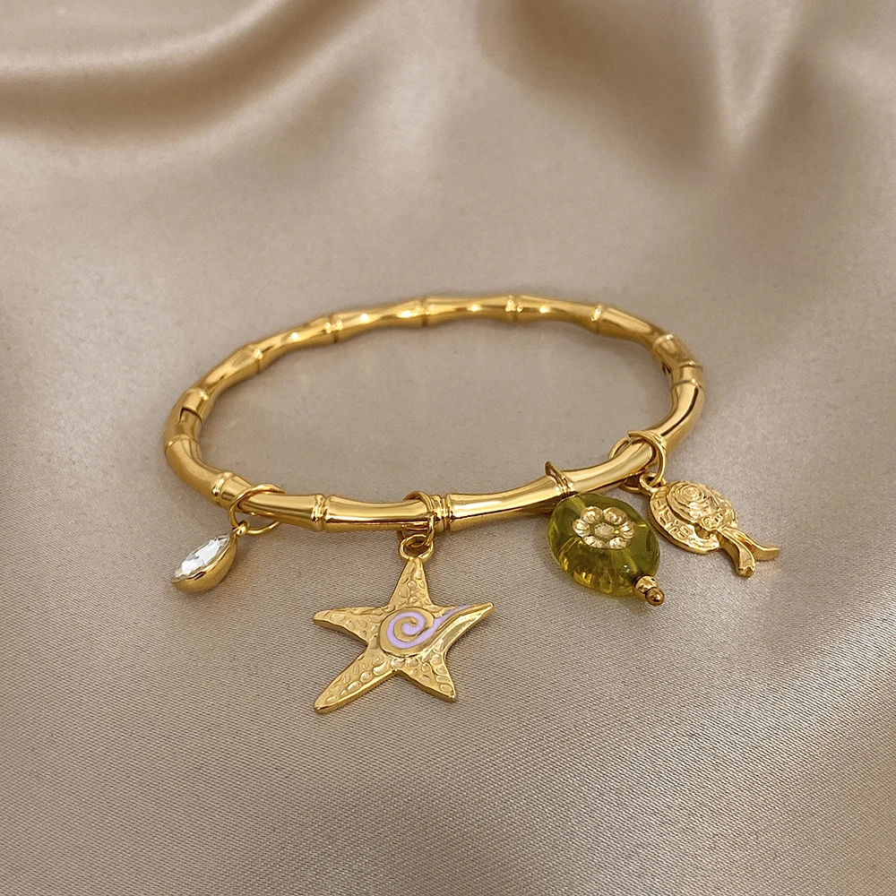 Y2k الشرير أساور استانليس ستيل جديد نجم البحر زهرة الاكريليك قلادة الخيزران الكفة الإسورة اليومية مقاوم للماء حُليات المجوهرات