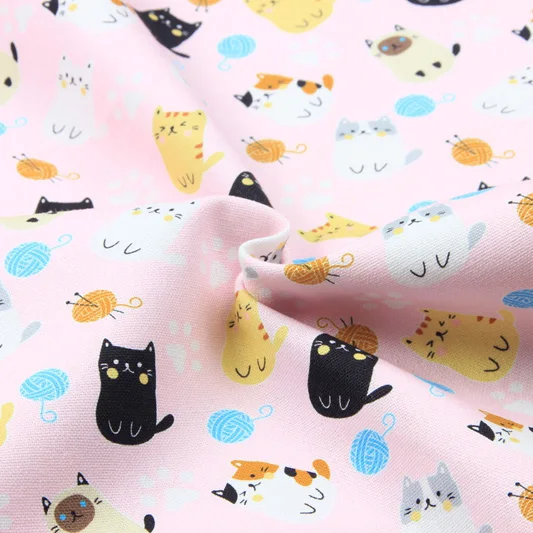 Pół stoczni Importowana bawełniana tkanina lniana Tkanina retro Śliczny kot Nić Kula Tkanina z nadrukiem do ręcznie robionej DIY Patchwork Bag Telas