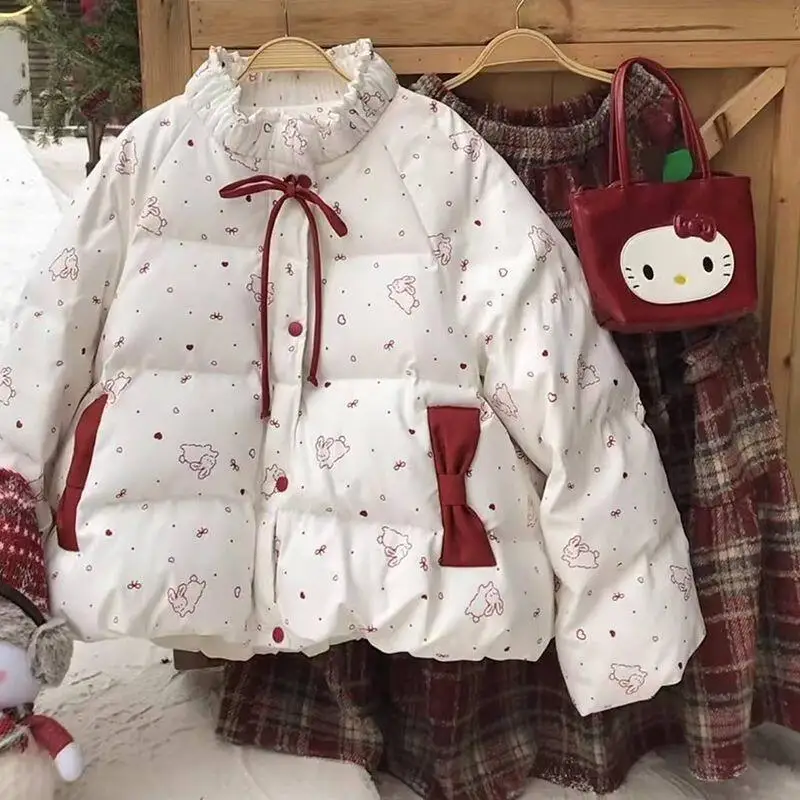 

Winter Coat Jacket Fleece Lined Autumn Winter Sweet Academic Style Cute Rabbit Print Bow Trim Thick Padded Coat Women Student