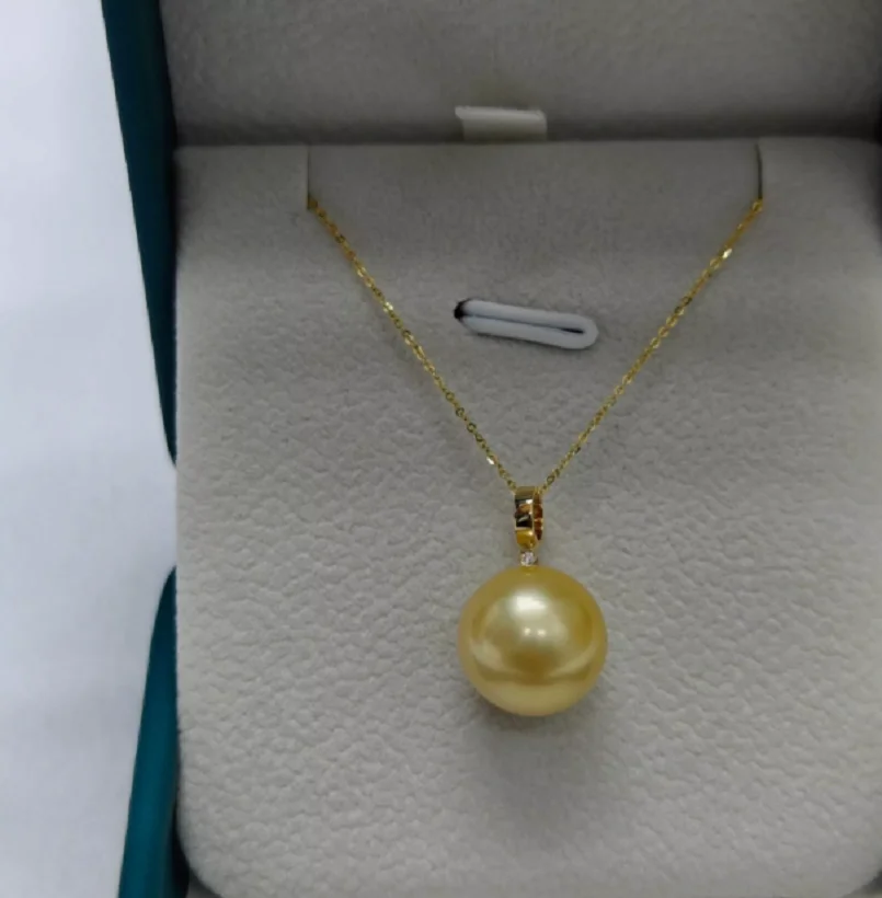

Gorgeous AAAAA 11-12mm Round south sea Golden pearl pendant necklace 925s..