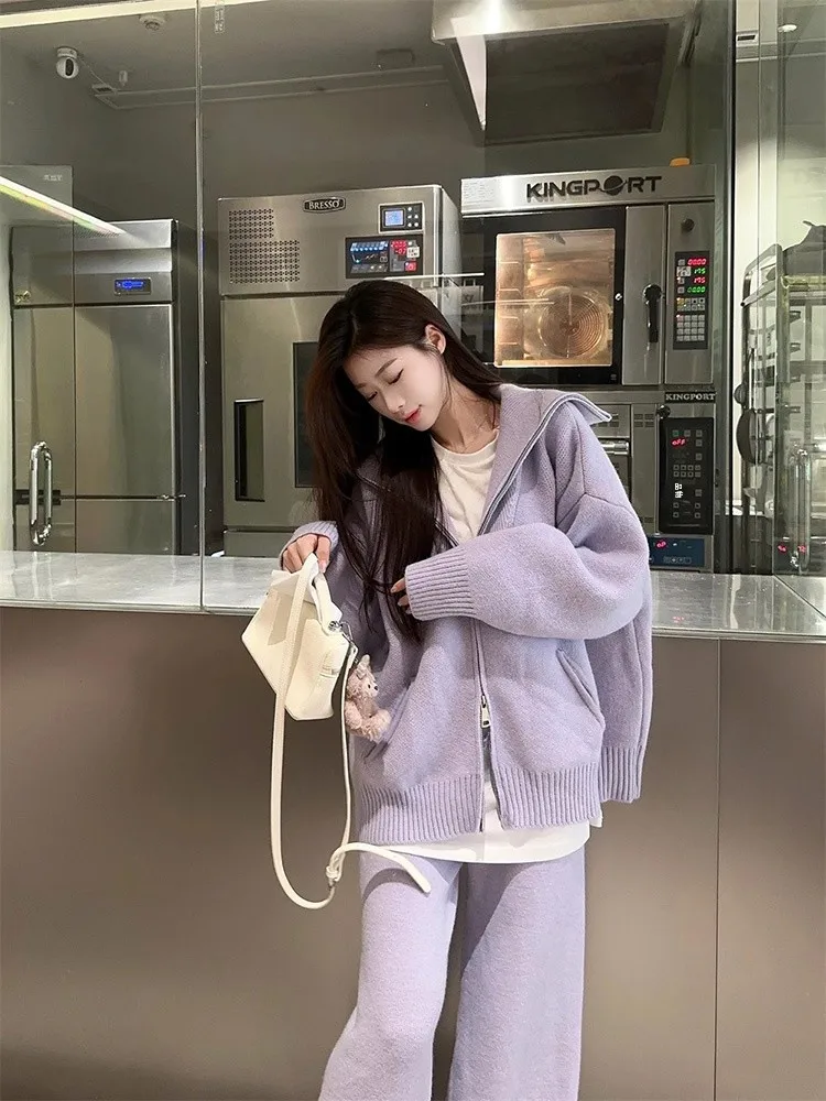 Lazy Casual All-matching Korean Series Set Women Autumn New Loose Long sleeve Sweater Cardigan Wide Leg Trousers Two-piece Set