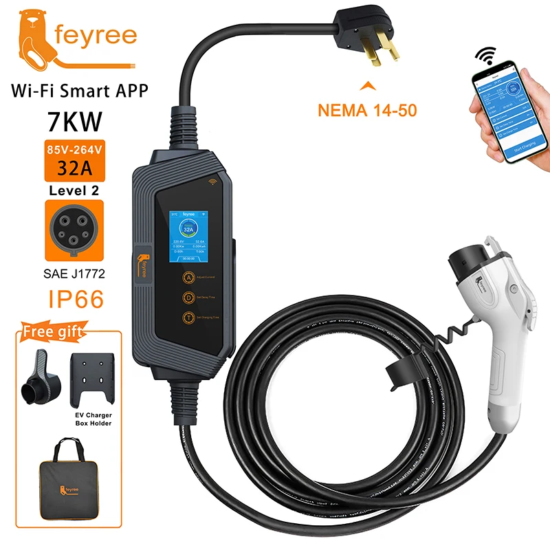 Feyree Type1 شاحن EV محمول 7KW 32A 1 المرحلة J1772 المقبس مع كابل 5 متر التطبيق الذكي WIFI نسخة التحكم للمركبة الكهربائية