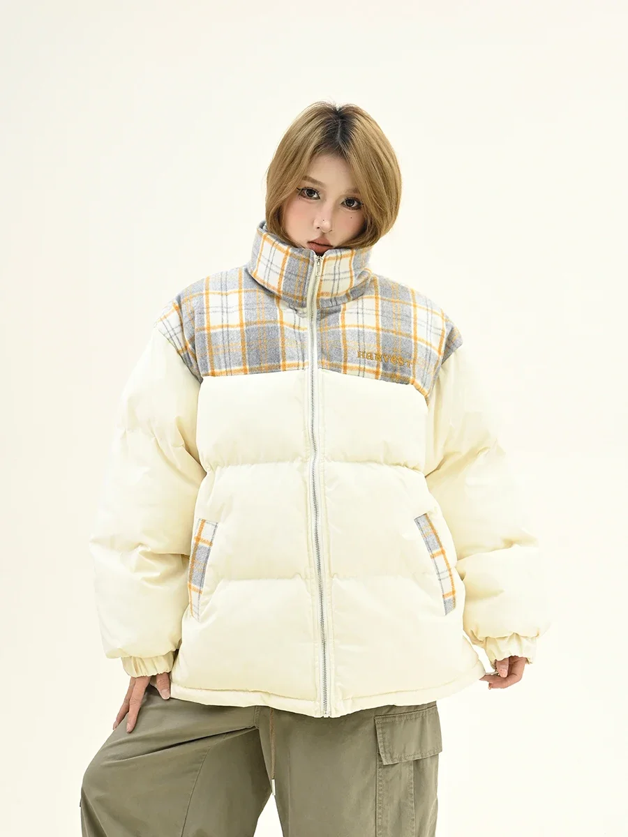 Women's Plaid Splicing Stand-up Collar Parkas, Loose Bf American College Style, Thickened Coats, Winter, New, 2024