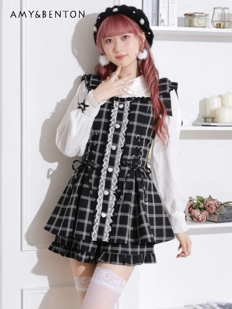 Liz Mine Lolita Outfits Japanese Style Cute Doll Collar Love Single-breasted Long-sleeved Slim Dress Short Two-piece Set Women