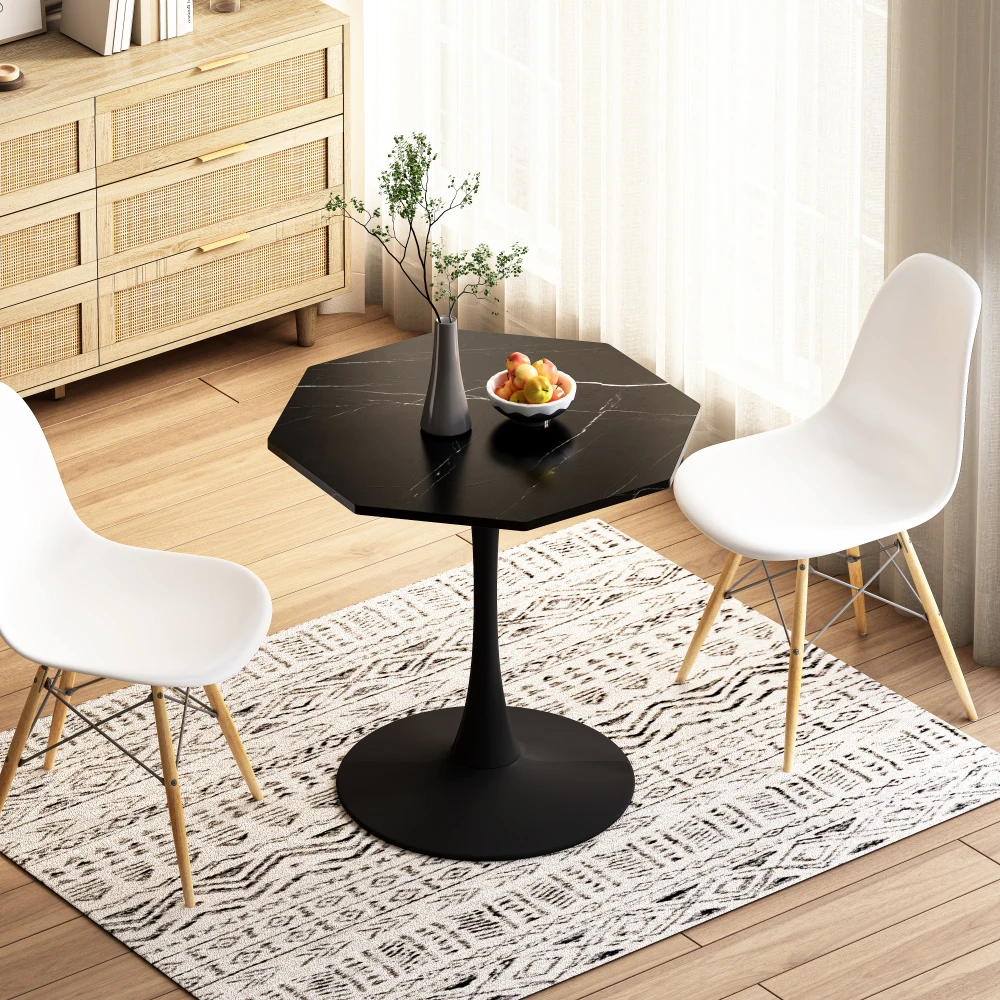 Modern Octagonal Coffee Table with Printed Black Marble Table Top,Metal Base, for Dining Room, Kitchen, Living Room