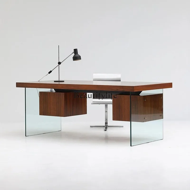 

XX39Vintage walnut glass desk wabi sabi modern minimalist