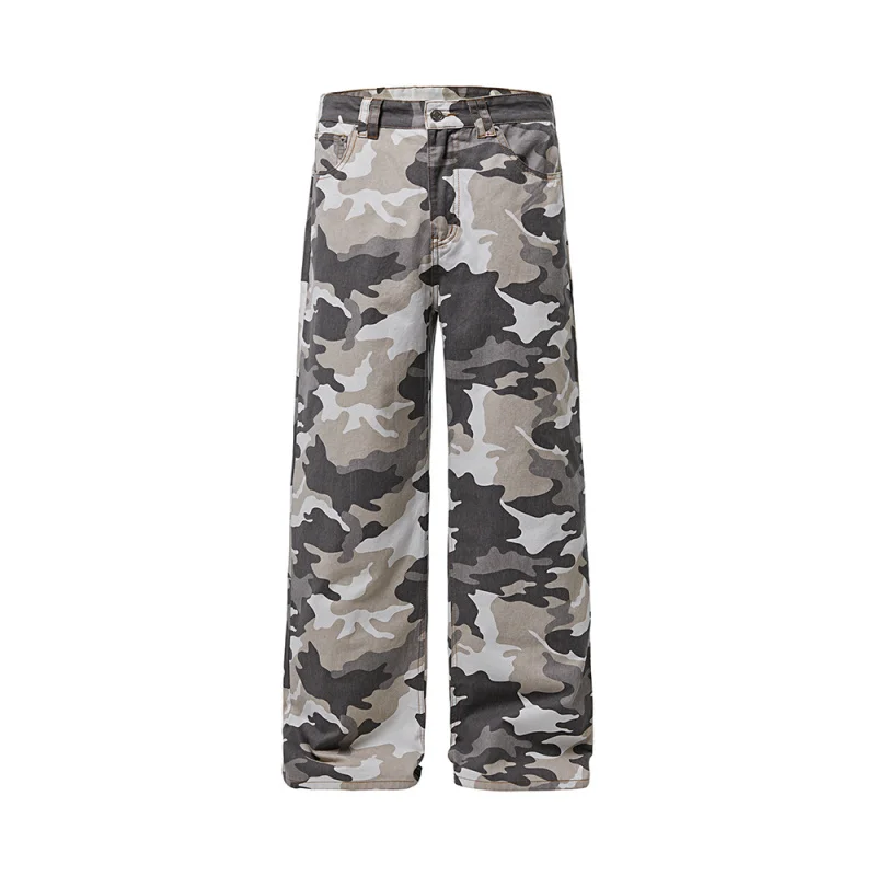 

2024 Autumn and Winter New American Style Hip Hop Gray White Camouflage Casual Jeans Men's Loose Straight Wide Leg Denim Pants