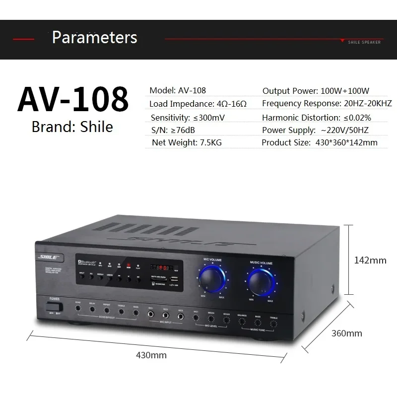 

Home Power Amplifier Karaoke USB SD HiFi Wireless Blue Tooth Microphone Multifunction Stereo 100W Professional Mixer Amplifier
