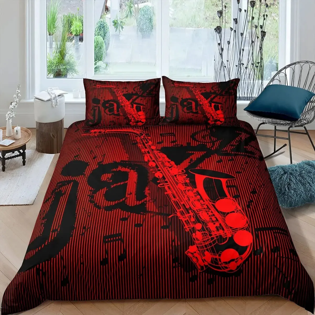 

Saxophone Duvet Cover Set Rotating Musical Notes Bedding Set Musical Instrument Retro Jazz Music Theme Quilt Cover for Kids