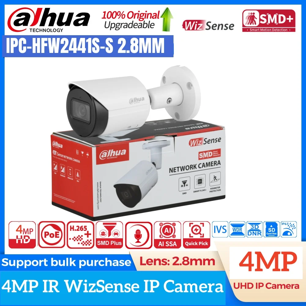 

Dahua IPC-HFW2441S-S 4MP Bullet IR IP Camera AI Human Vehicle Detection Outdoor POE Smart Home Business Security Surveillance