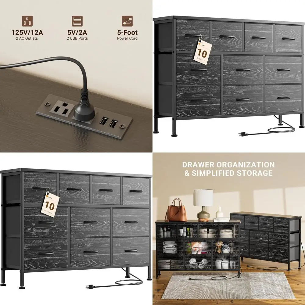 10-Drawer Dresser with Charging Station, Fabric Drawers, Organizer for Bedroom, Living Room, Hallway, and Closet in Black and Wh