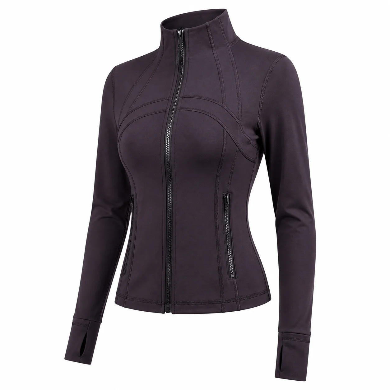Women's Deep Plum Purple Slim Fit Full Zip Sports Jacket Stand Collar Long Sleeve Thumbhole Workout Running Yoga Outerwear
