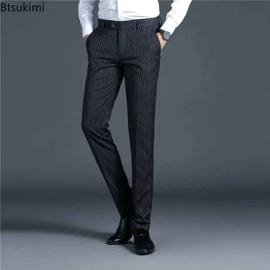 2025 New Men's Suit Pants Spring Autumn Fashion Thicker Business Casual Trousers Men Striped Slim Non-ironing Breath Suit Pants