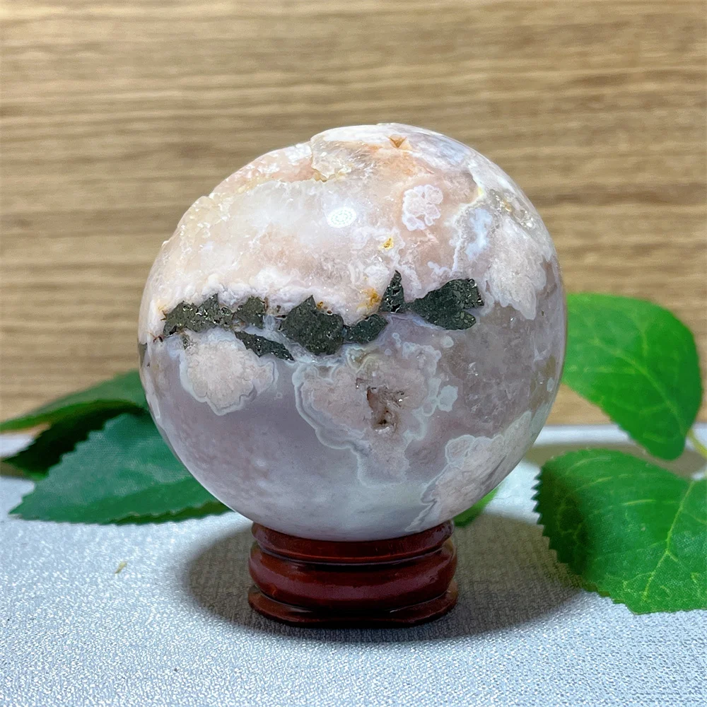 Pink Flower Agate Pyrite Sphere Ball Crystal Stone Quartz Natural Gemstone Healing Mineral Specimen Home Decoration+Stand