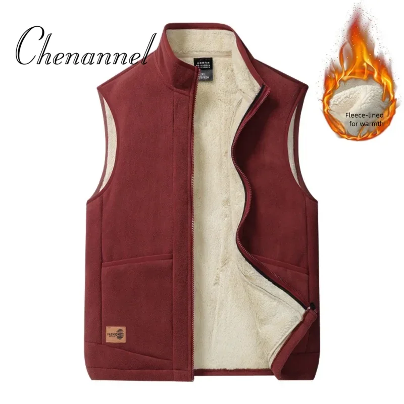 

Autumn Winter Polar Fleece Vest Men Windproof Outdoor Warm Sleeveless Double Sided Coat Plush Stand Collar Casual Waistcoat