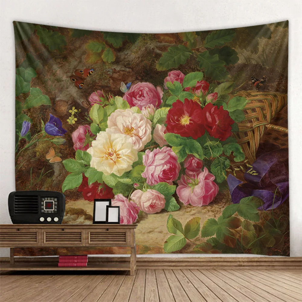 Flower and bird oil painting tapestry European retro art hanging cloth psychedelic scene wall hanging Bohemian home decoration