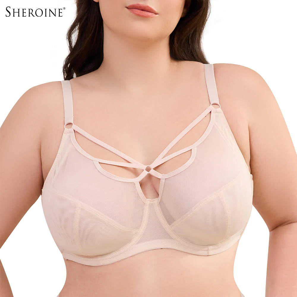 

Sheroine Plus Size Sexy Lace Strappy Bra See Through Unlined Full Coverage Underwire Bras Comfort for Big Breasts Daily Support