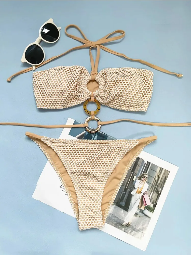 

2025 New Sexy Women Push Up Ring Linked Bikini Set Black Cut Out Micro Thong Swimsuit with Metal Accessories beach outfits