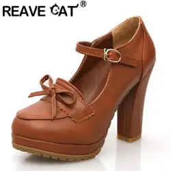 REAVE CAT Janes Women Pumps Round Toe High Block Heels 11cm Platform Buckle Strap Bowknot Big Size 42 43 Sweet Dating Shoes