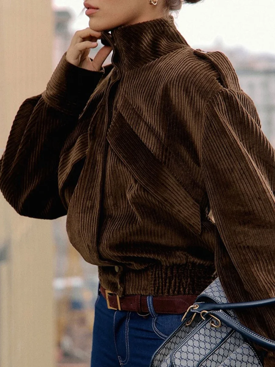 여성용 신상 브라운 재킷 스탠드 칼라 긴 소매 패치워크 싱글 브레스티드 캐주얼 코듀로이 재킷