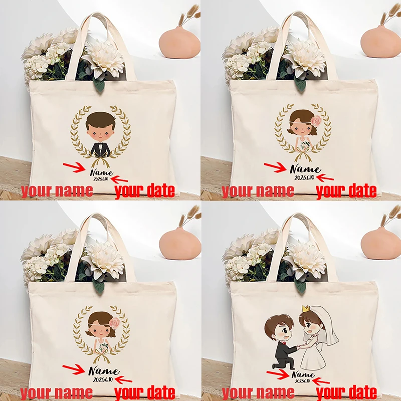 Bride Groom Custom Name Canvas Shoulder Bag Multi-Purpose Travel Storage Handbag Wedding Tote Bags Proposal Personalized Gifts