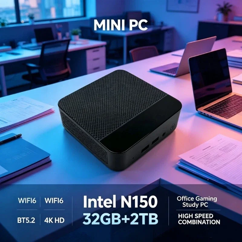 N150 Mini PC with 32GB+2TB High Speed Storage WiFi6 Bluetooth 5.2 4K Output Compact Design for Office Work Gaming Student Use