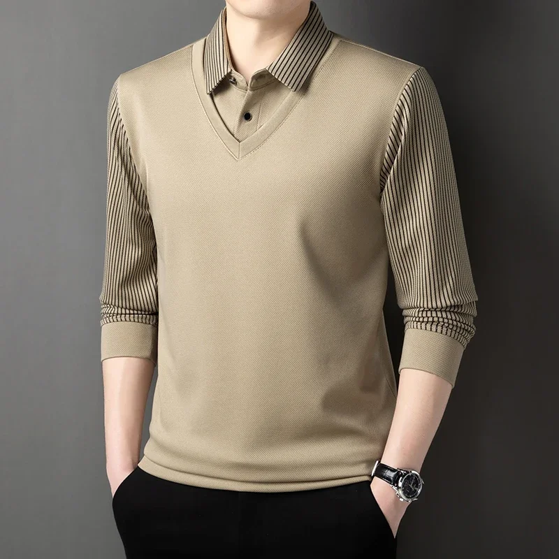 

Autumn and Winter Long Sleeved T-shirt Men's Fashion Fake Two-piece Base Shirt Loose Casual Collar Top Solid Color Warm Top