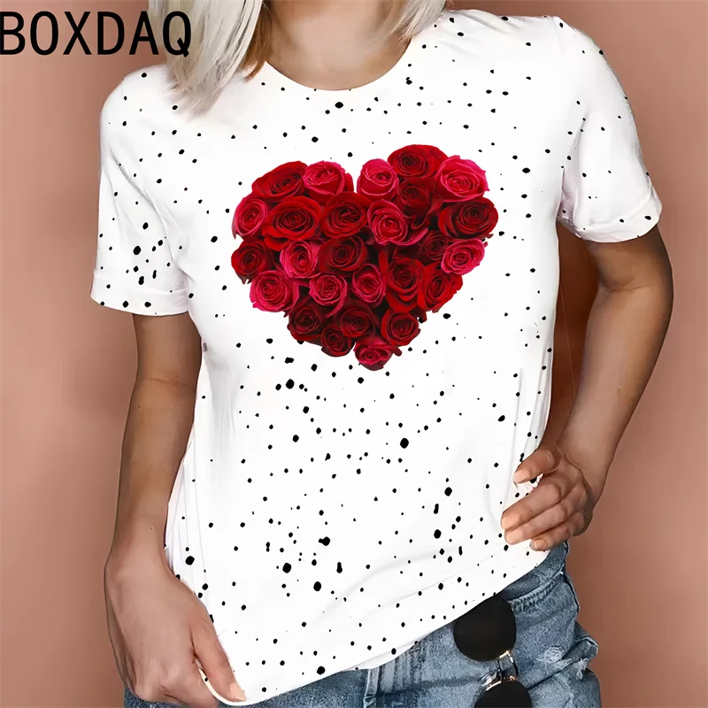 3D Cute Pink Love Pattern Printed T-shirt Women Summer Short Sleeve O-Neck Casual Tops S-XXL Fashion Street Personalized T-shirt