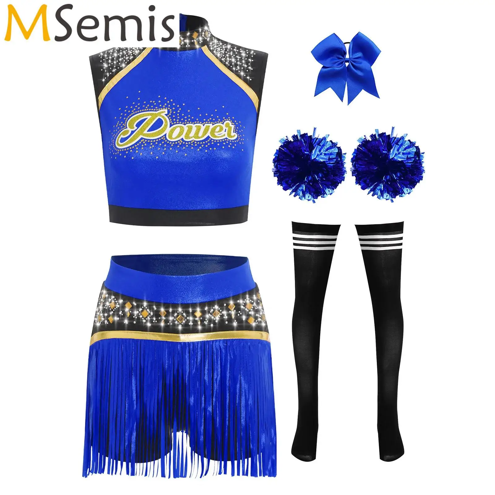 

5Pcs Women Shiny Rhinestone Cheerleader Costume Cheerleading Uniform High School Cheerleading Dance Outfits Tank Top with Shorts