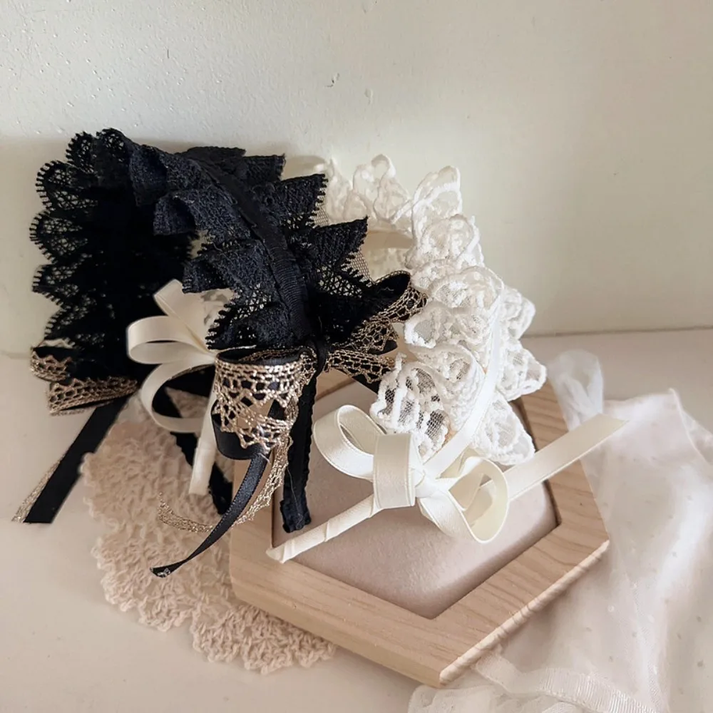 Black Beige Lace Hairbands Sweet Lightweight Crumpled Hair Accessories Bow knot Princess Headwear Toddler Girl