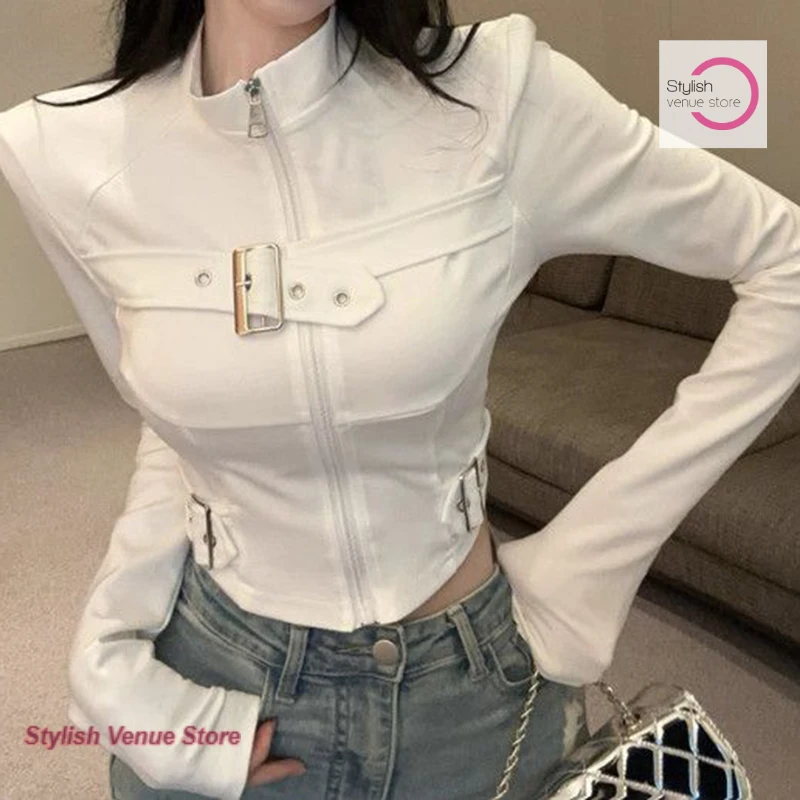 

Korean black high-grade spice girls long-sleeved T-shirt women's spring and autumn metal buckle collar zipper bottoming shirt