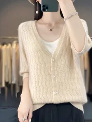 100% Merino Wool Spring Summer Women Cardigan V-neck Half-Sleeve Sweater Hollow Out Soft Knitwear Korean Fashion Women Clothing