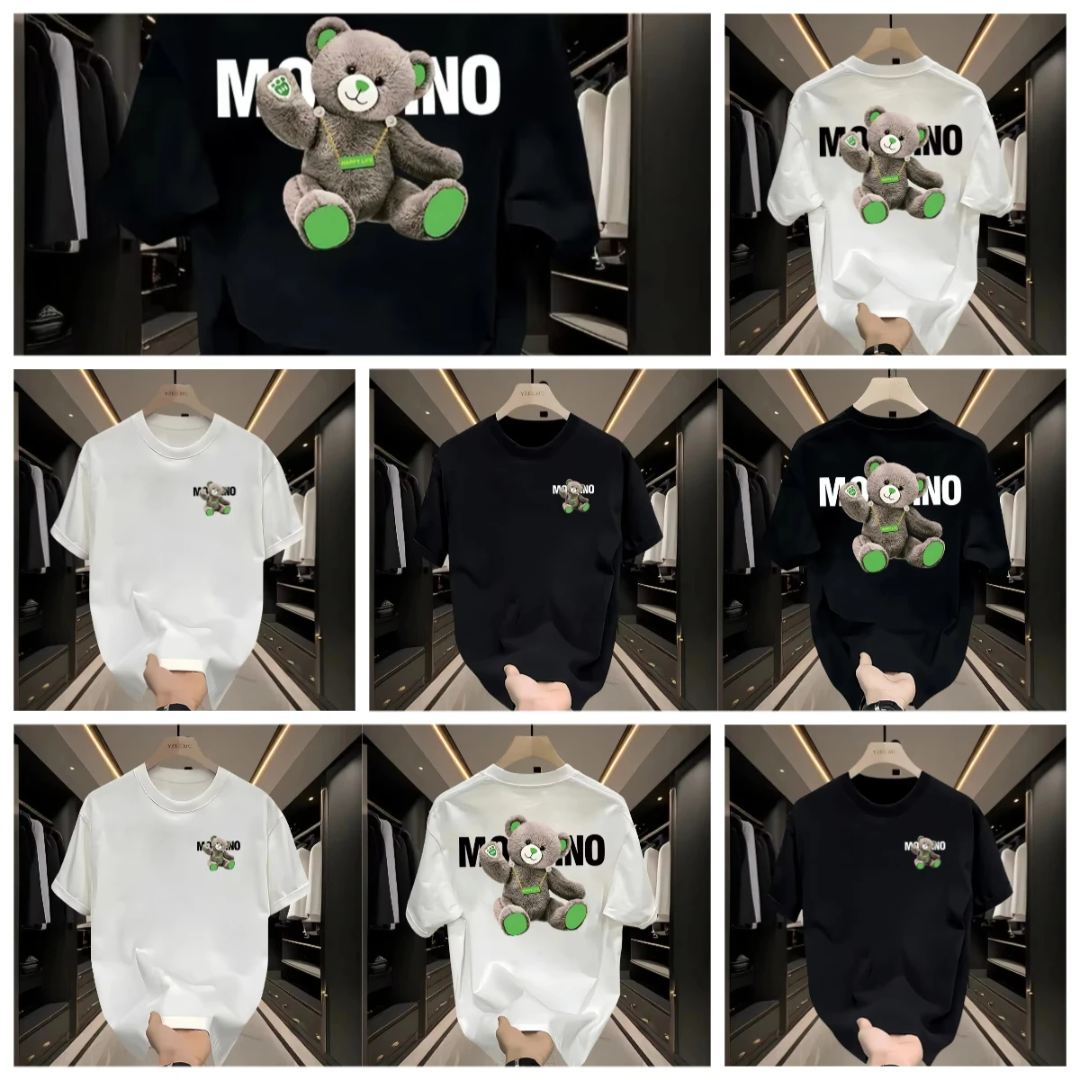 

Trend Summer New American Trendy Brand Bear Print Short-sleeved T-shirts for Men and Women, Pure Cotton Tops Breathable Top