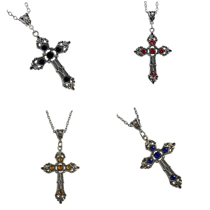 European and American Cross Necklace Gemstones Neck Chain Large Crosses Pendant Religious Jewelry Women Choker Neckchain