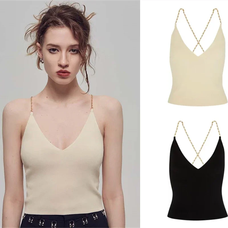 N@NUSHKA Metal Chain Camisole Women Summer 2023 New Pure Desire Style V-Neck Sleeveless Lumi Back Top Sexy