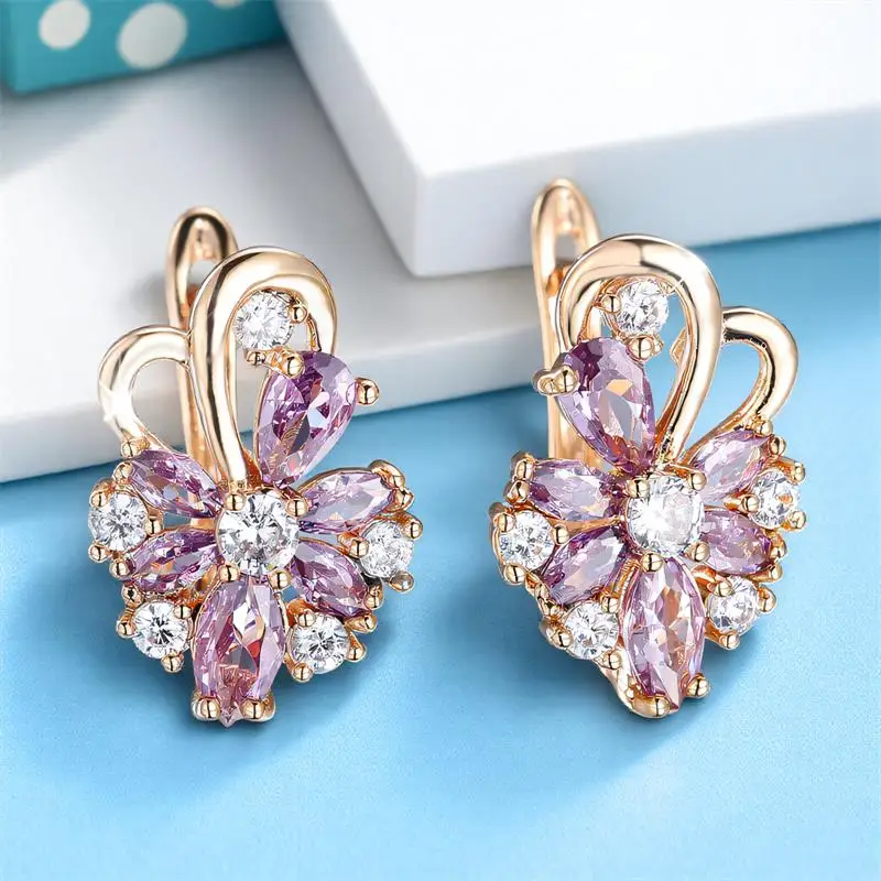 Cute Female Purple Zircon Stone Hoop Earrings Fashion Gold Color Wedding Jewelry For Women