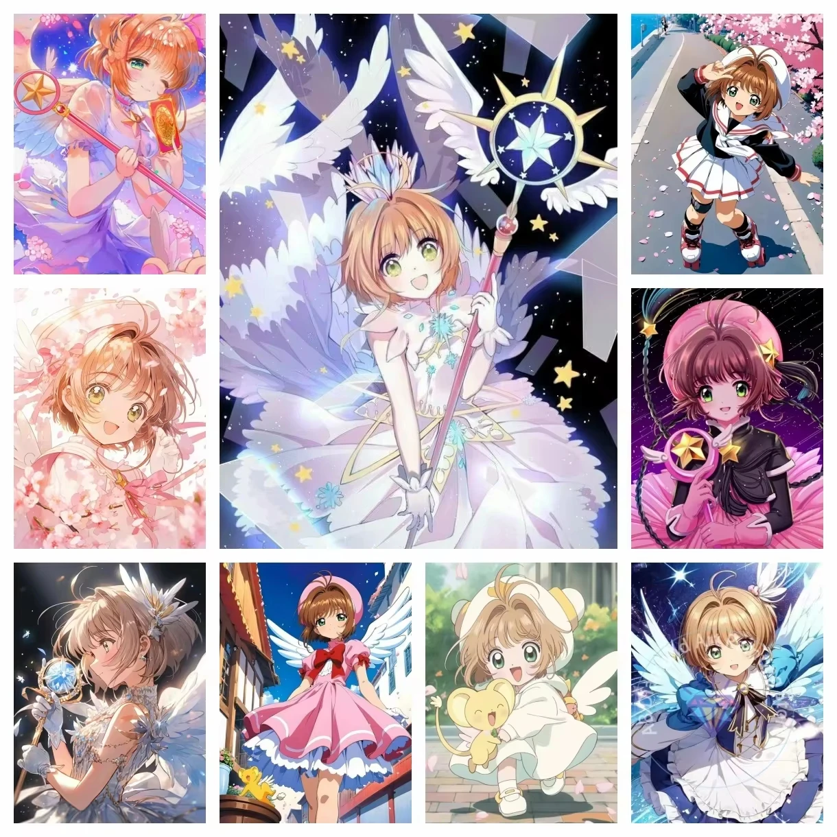 5D DIY Diamant-Malerei-Set Cardcaptor Sakura Anime Kunst Vollbohr-Strass-Mosaik Wanddekoration Bastelset Geschenk für Zuhause Rahmenlos