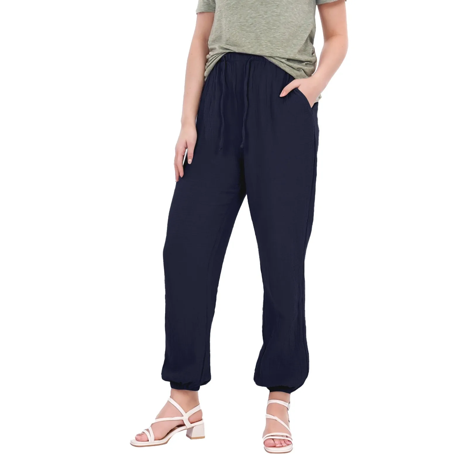 

Women Trousers Solid Color Wrinkle Simple Slimming Elastic Waist Pocket Pajamas Home Harem Pants Casual Wide Leg Straight Pants