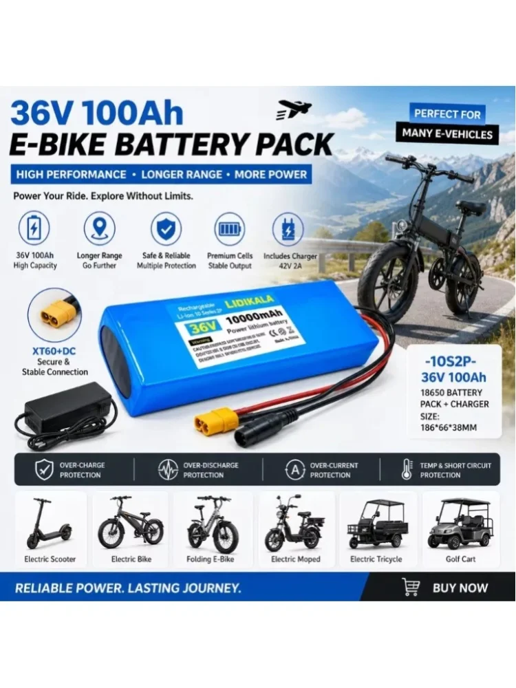 LIDIKALA – Neues, verbessertes 36-V-10S2P-Lithium-Akkupack für Elektro-Scooter mit BMS-Schutz, wiederaufladbar, 18650-Akkus für E-Scooter und Elektrofahrräder, 500-W-Motor.