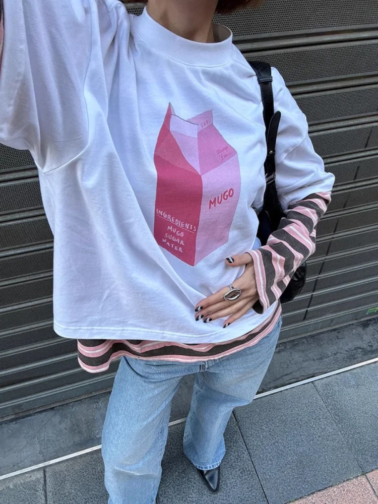 JHYF American Retro Vintage Design Loose Short Sleeve T-Shirt Women's Trendy Milk Beverage Print Hot Girl Oversize Cotton Sum...
