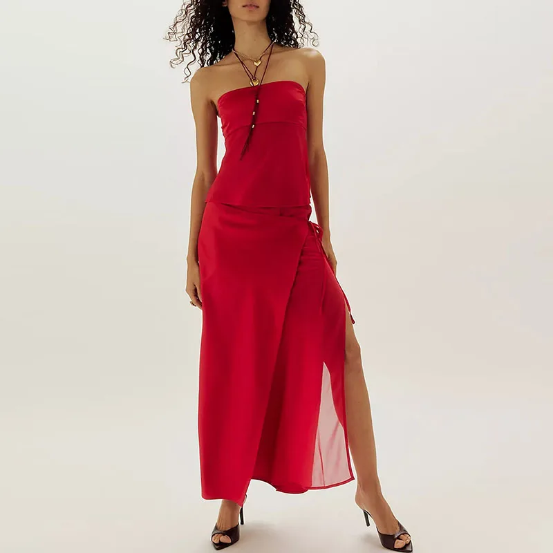 

Элегантный комплект из укороченного топа без бретелек и юбки для женщин: сексуальный однотонный комплект из 2 предметов с длинной юбкой, модный облегающий наряд для вечеринок с открытой спиной